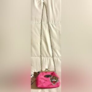 ED HARDY Mini Pink Coin Bag Faux Leather Kiss Lock Closure w/ Chain Tiger Y2K